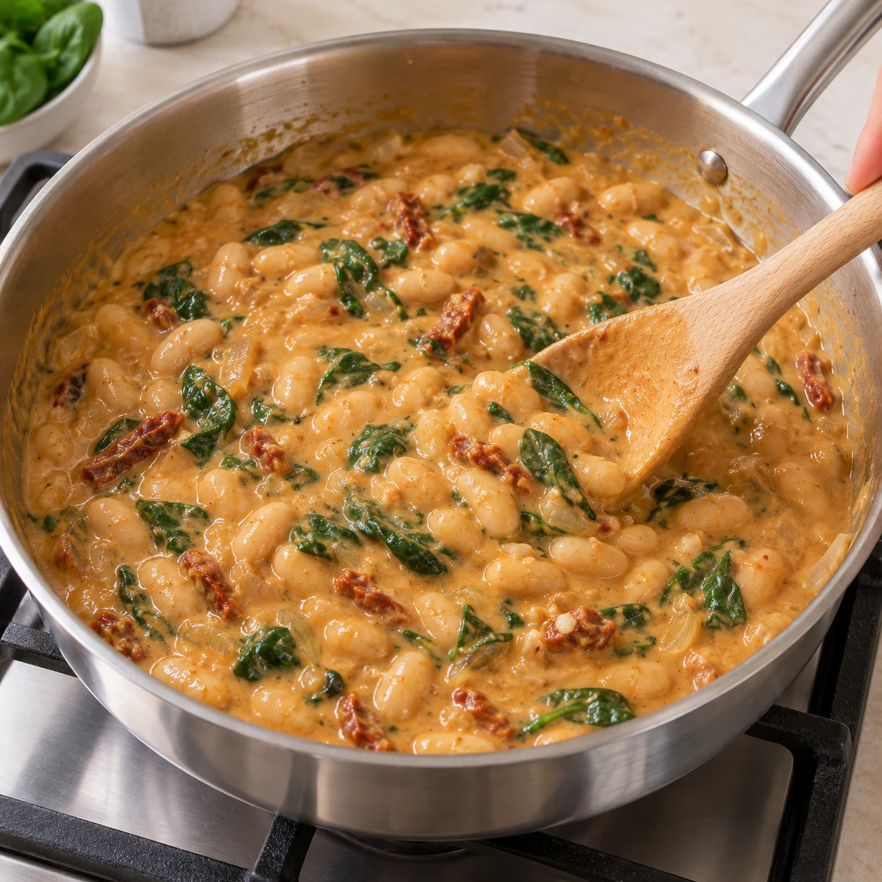 Sauce orangée épaisse et crémeuse mélangée à la cuillère en bois avec les haricots, épinards fondus et tomates séchées.