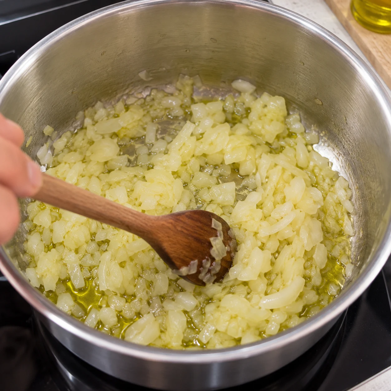 Une seule action : Faire revenir l’oignon. L’oignon s’assouplit dans l’huile sans brûler. Version végétale aux pois chiches, aucune viande, aucun seitan, aucun tofu.