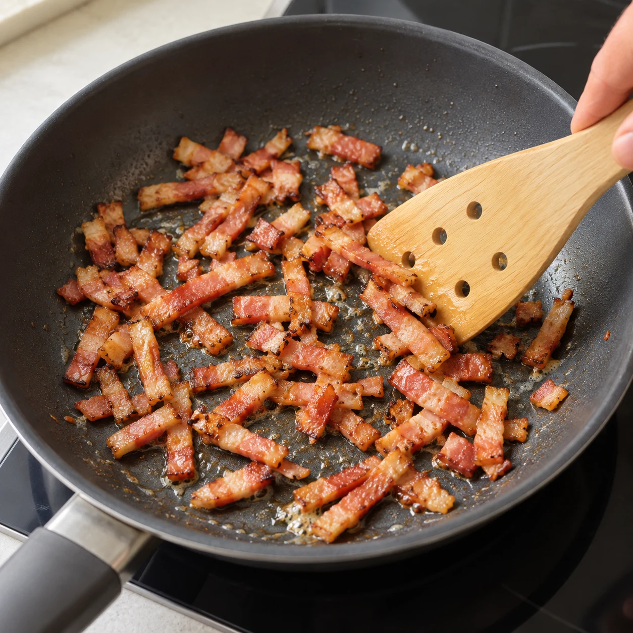 Dorer les lardons végétaux : Faites dorer les lardons végétaux à la poêle avec un peu de margarine végétale, comme indiqué par la fiche fournisseur. Résultat : Les lardons prennent une coloration dorée.