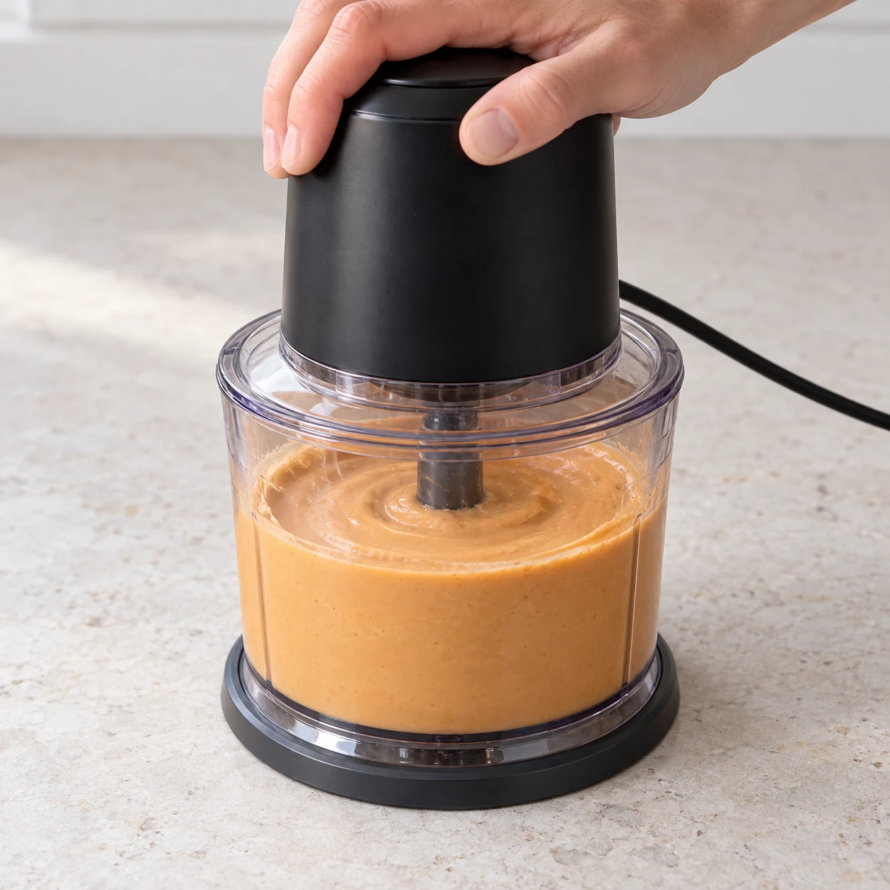 Ferme le mixeur et mixe la chair, le yaourt de soja et la purée de cacahuète jusqu’à obtenir une crème lisse. Montrer seulement les ingrédients déjà introduits dans cette étape, mains adultes anonymes si utiles, pierre pâle et lumière naturelle, aucune personne identifiable ni texte.