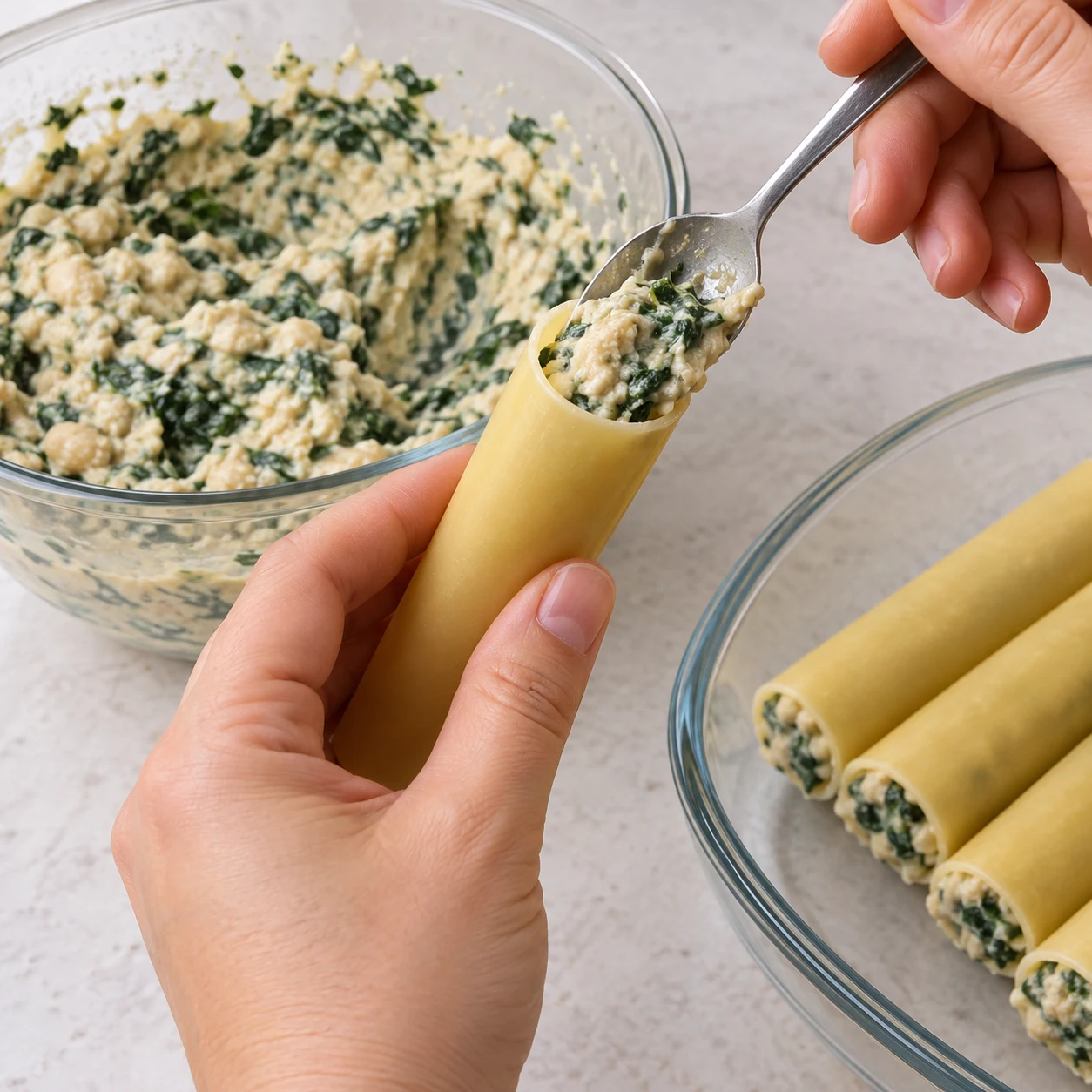 Main adulte anonyme remplissant l’extrémité d’un tube de cannelloni avec une petite cuillère ; purée beige claire et verte.