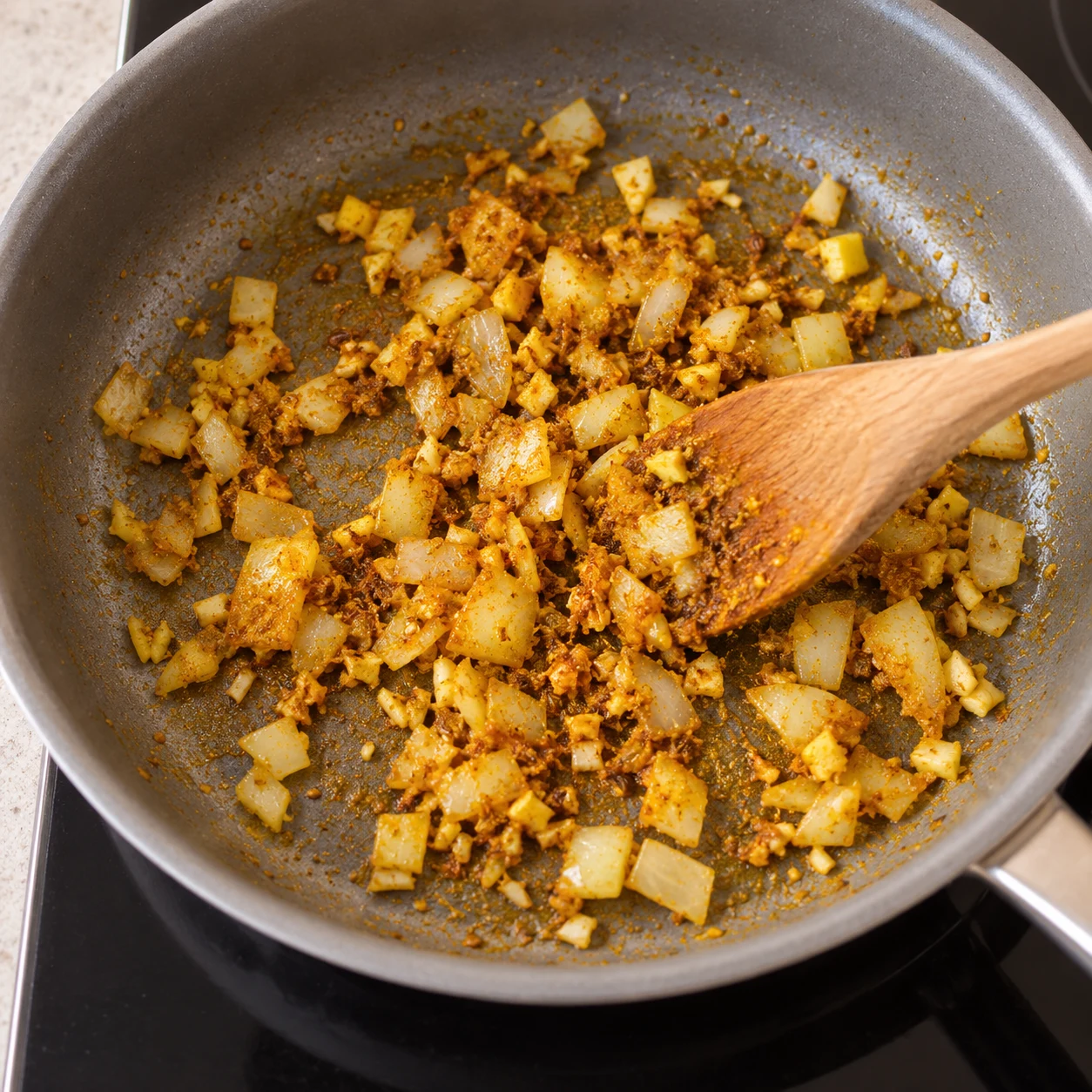 Spatule mélangeant les cinq épices aux aromates dans la poêle; ni tomate,coco ni pois chiches à cette phase.