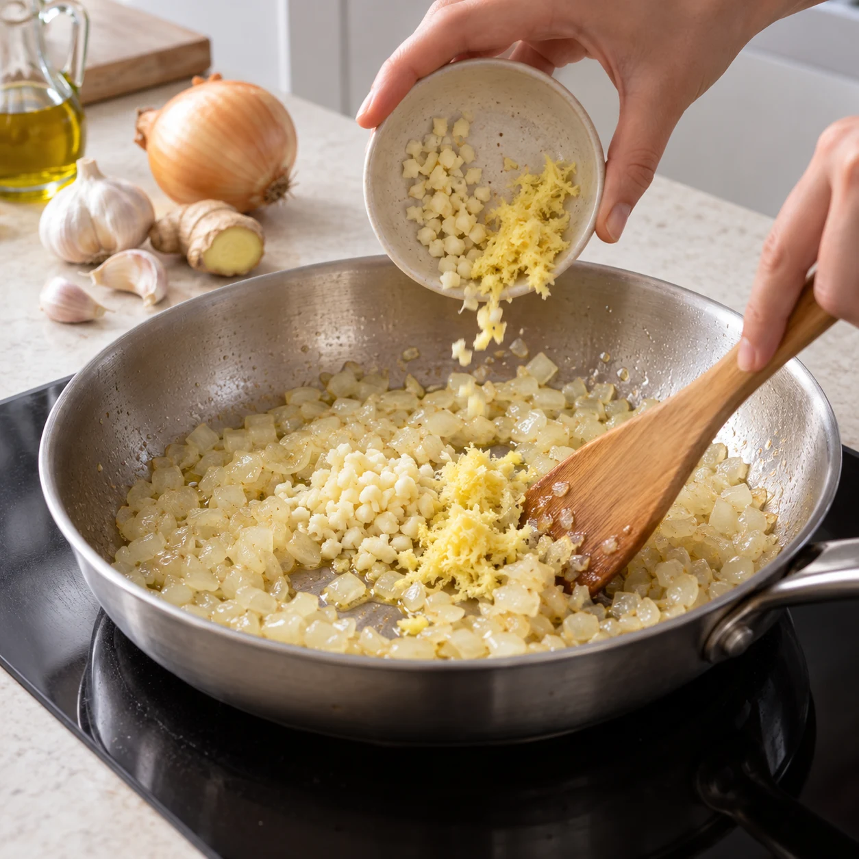 Ajoute l’ail haché et le gingembre râpé aux oignons, puis remue pendant les 30 secondes indiquées dans la recette d’origine. Montrer : L’ail et le gingembre sont répartis dans les oignons, sans brunir fortement. Aucun poisson.
