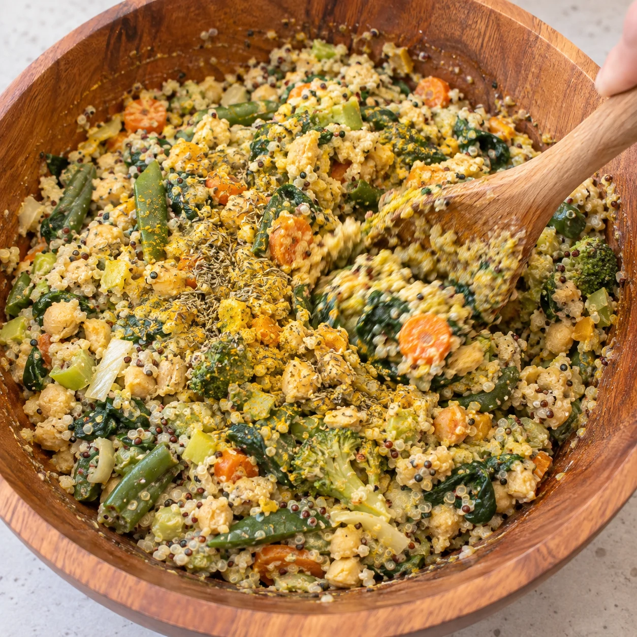 Cuillère remuant mélange quinoa légumes avec curcuma jaune et herbes sèches, aucun texte.