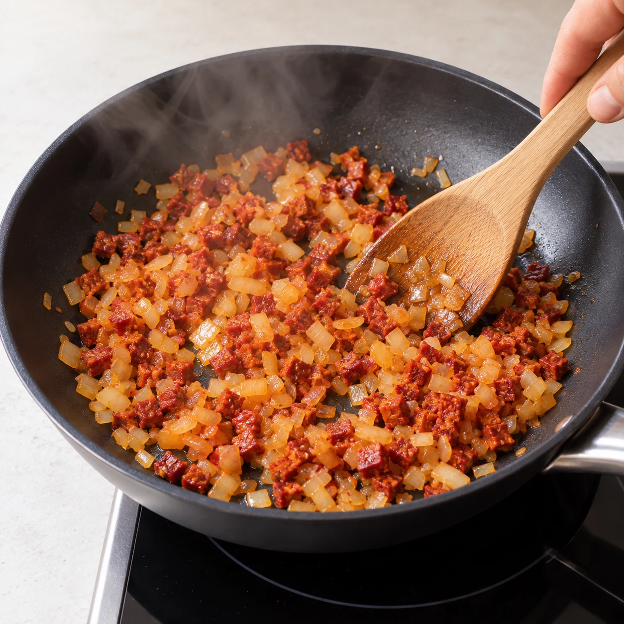 Faire revenir l’oignon et le chorizo. L’oignon est assoupli et les dés de chorizo sont chauds, sans noircir. Une seule action, plan de travail pierre pâle, ustensiles neutres ; seulement les ingrédients de cette étape.