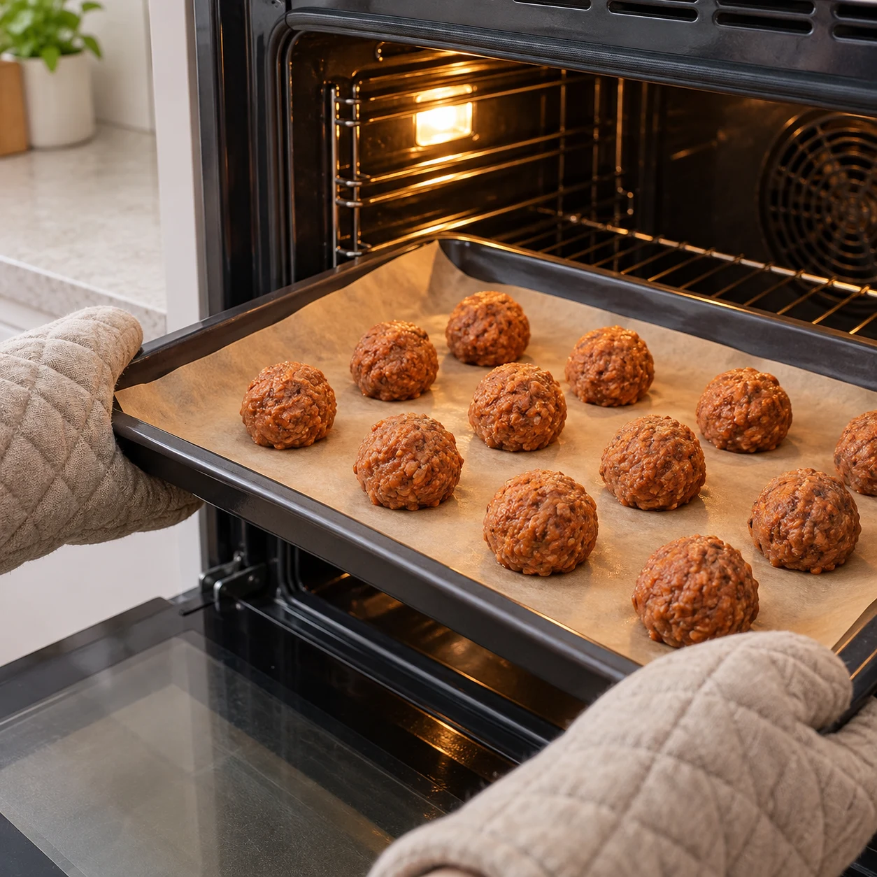 Cuire les boulettes : Enfourne les boulettes à 200 °C pendant 20 minutes.