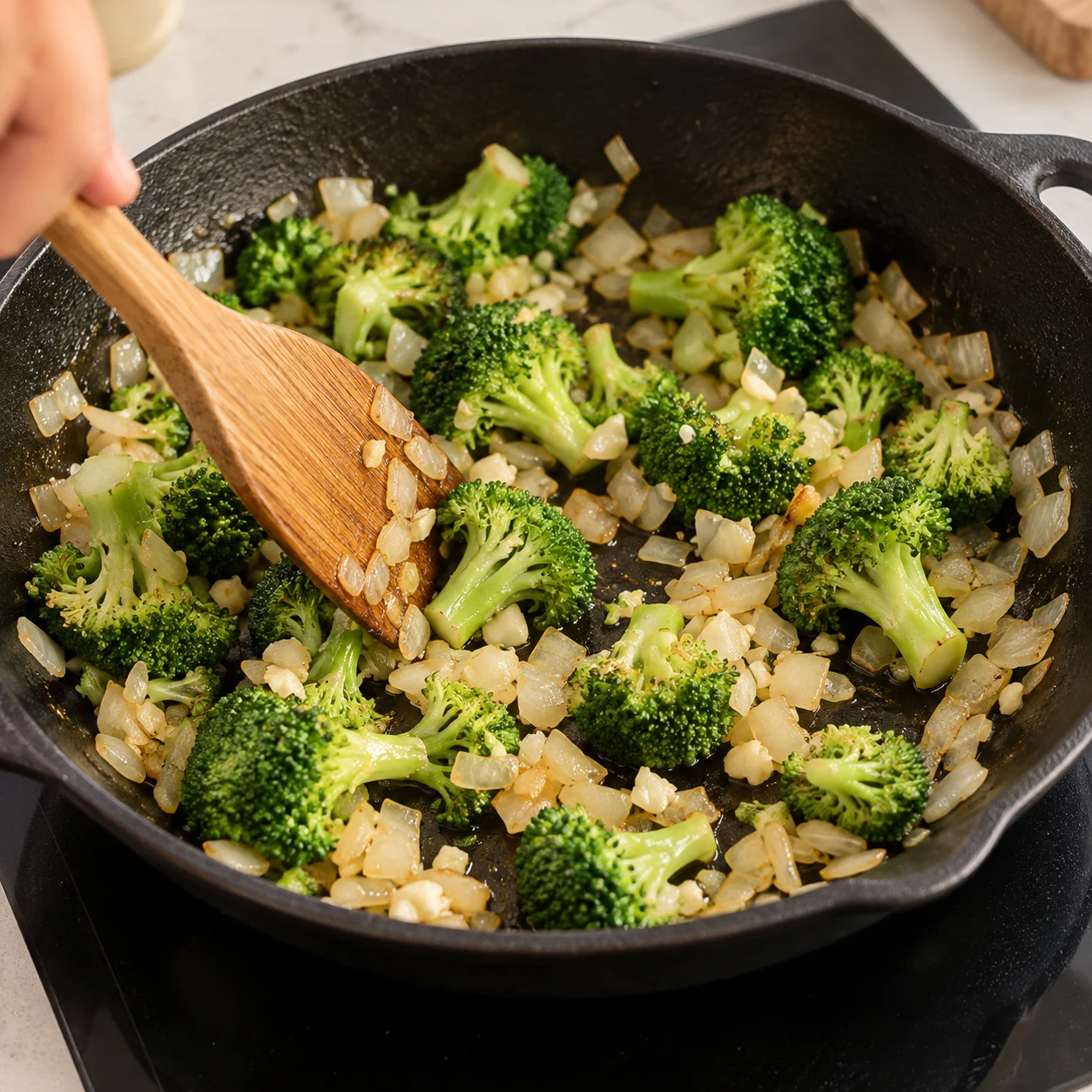 Spatule en bois remuant le mélange composite oignon ail brocoli dans une poêle noire, sans sauce ni pois chiches.