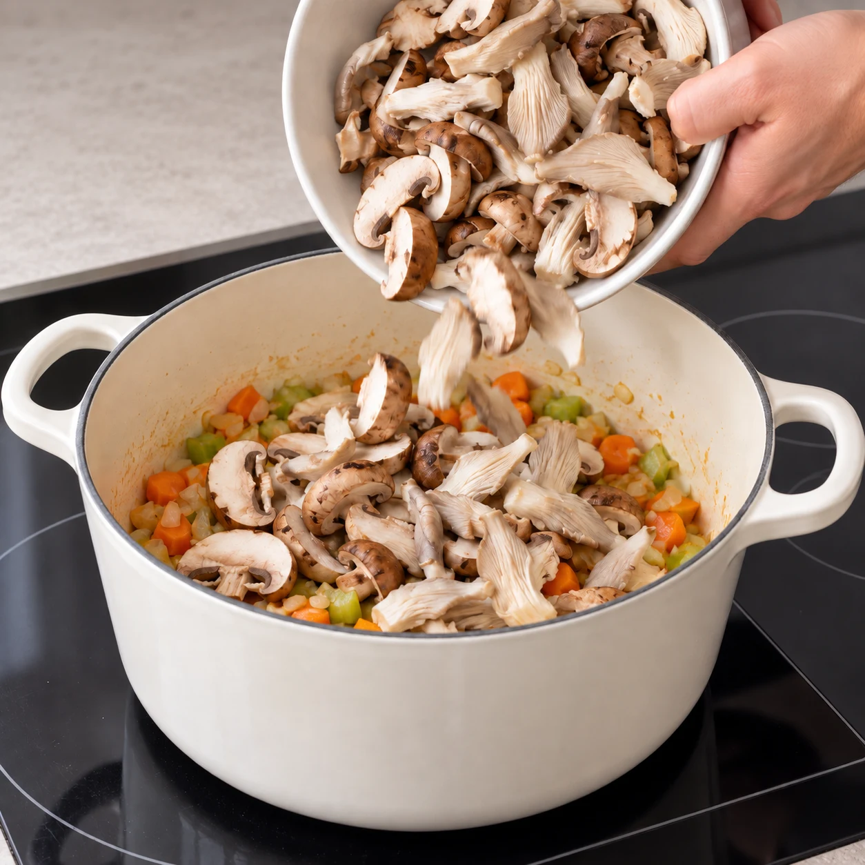 Ajouter les champignons : Les deux sortes de champignons sont dans la cocotte.