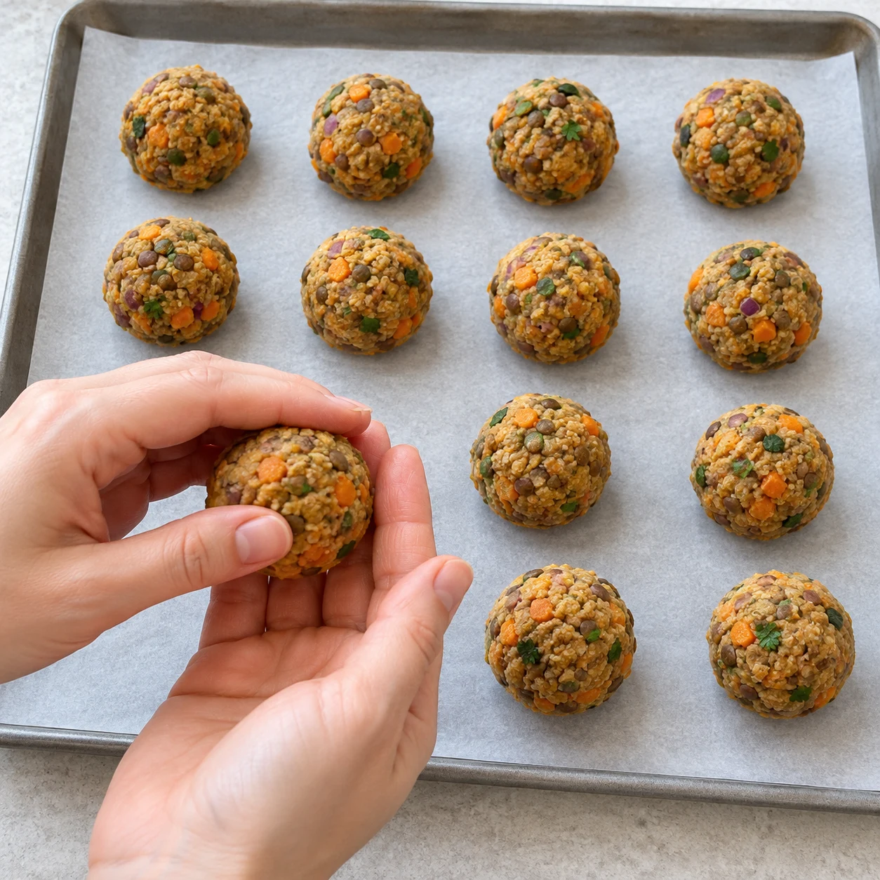 Mains anonymes sans bijoux façonnant une boulette rustique ; autres boulettes crues sur papier cuisson.