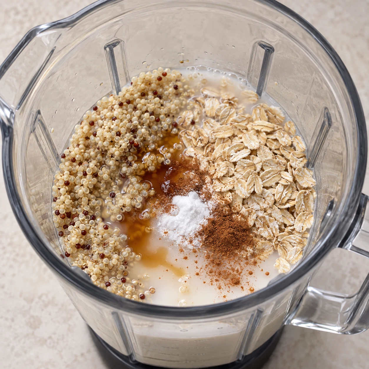 Mélange non mixé de quinoa et flocons d’avoine dans un récipient neutre ; liquides blancs, sirop et petites poudres visibles.
