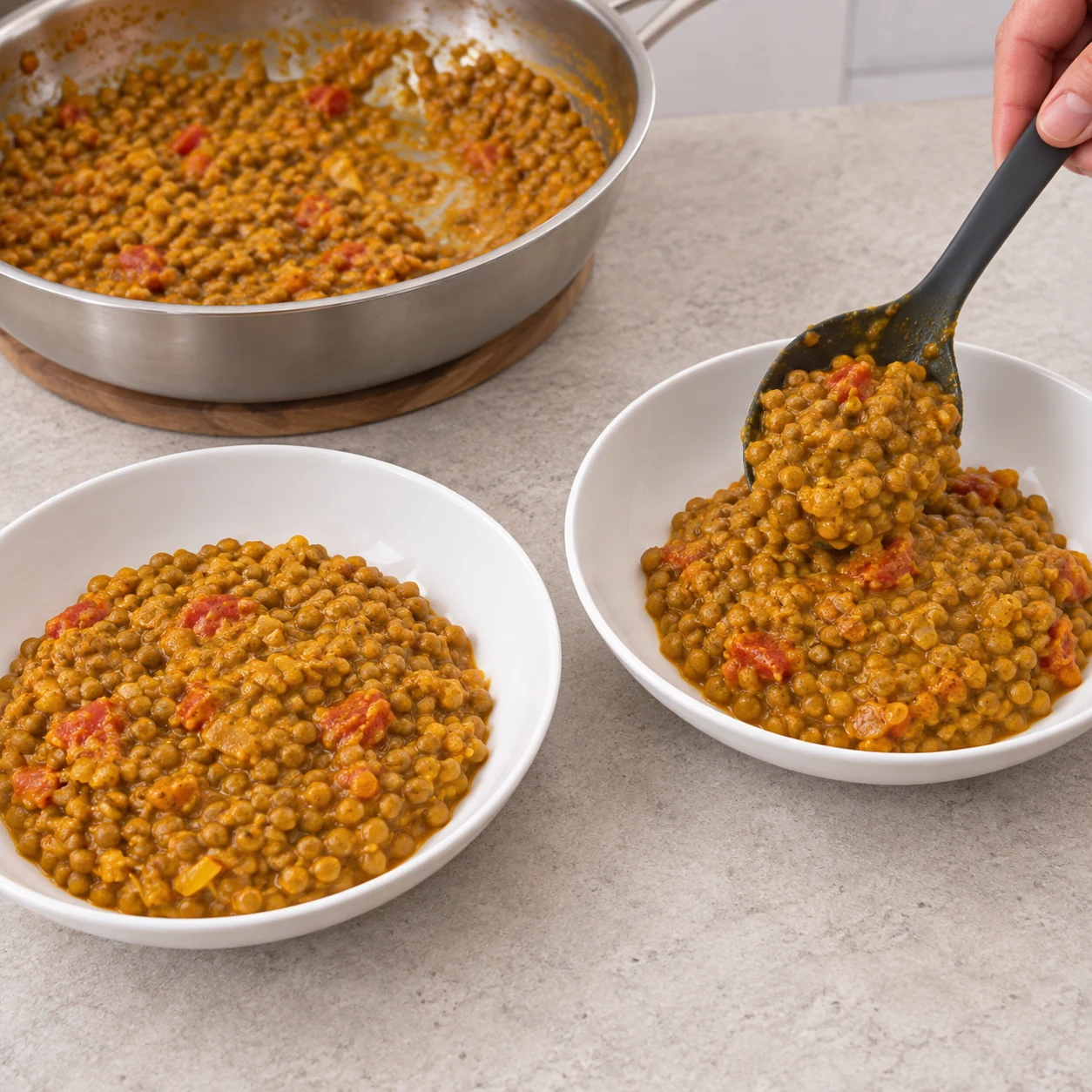 Répartis le dhal chaud dans deux assiettes, conformément aux deux portions de la source. Montrer : Les deux assiettes contiennent une quantité comparable de dhal. Aucun poisson.