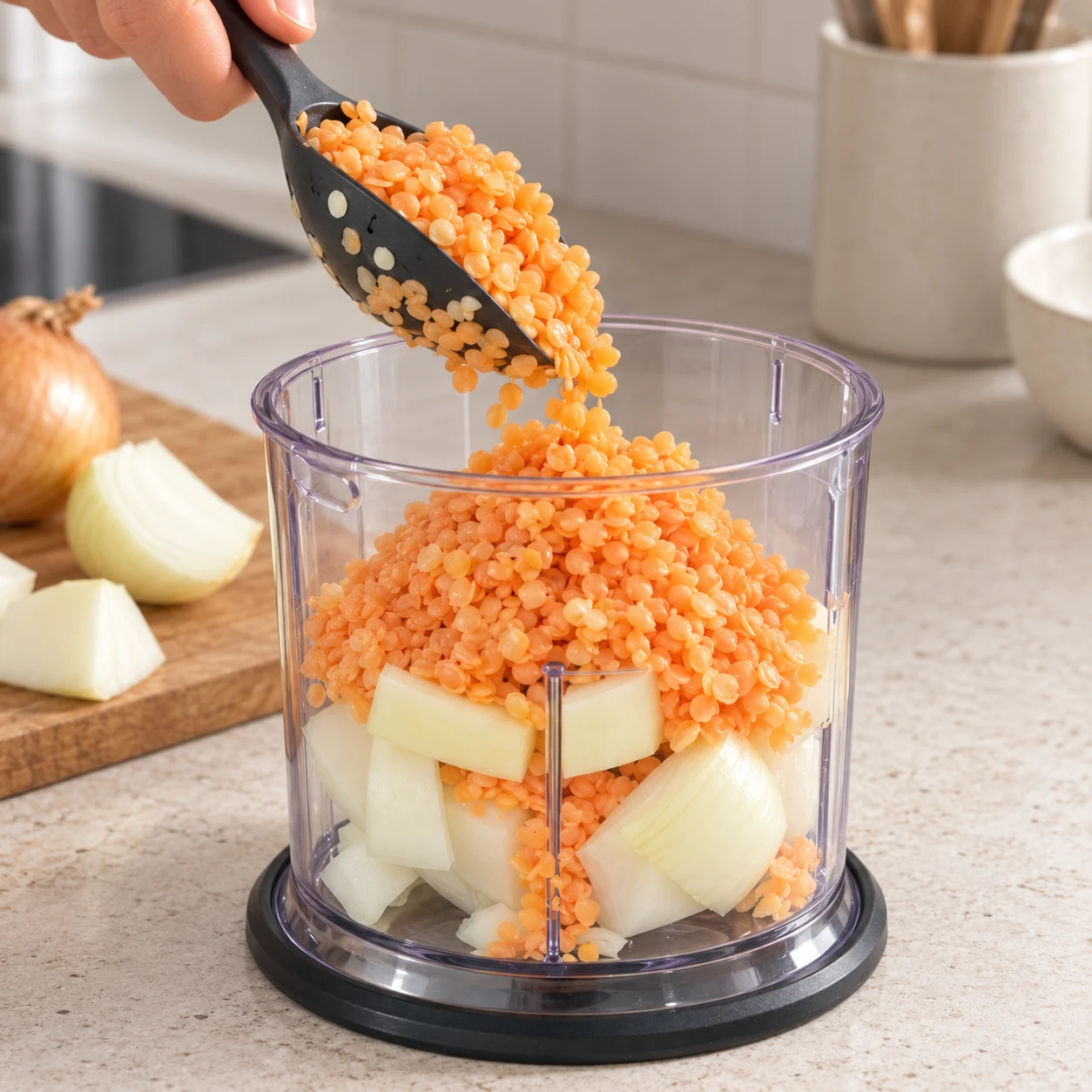 Mains versant à la cuillère des lentilles corail égouttées sur de gros morceaux d’oignon blanc dans le bol transparent d’un mini-hachoir.
