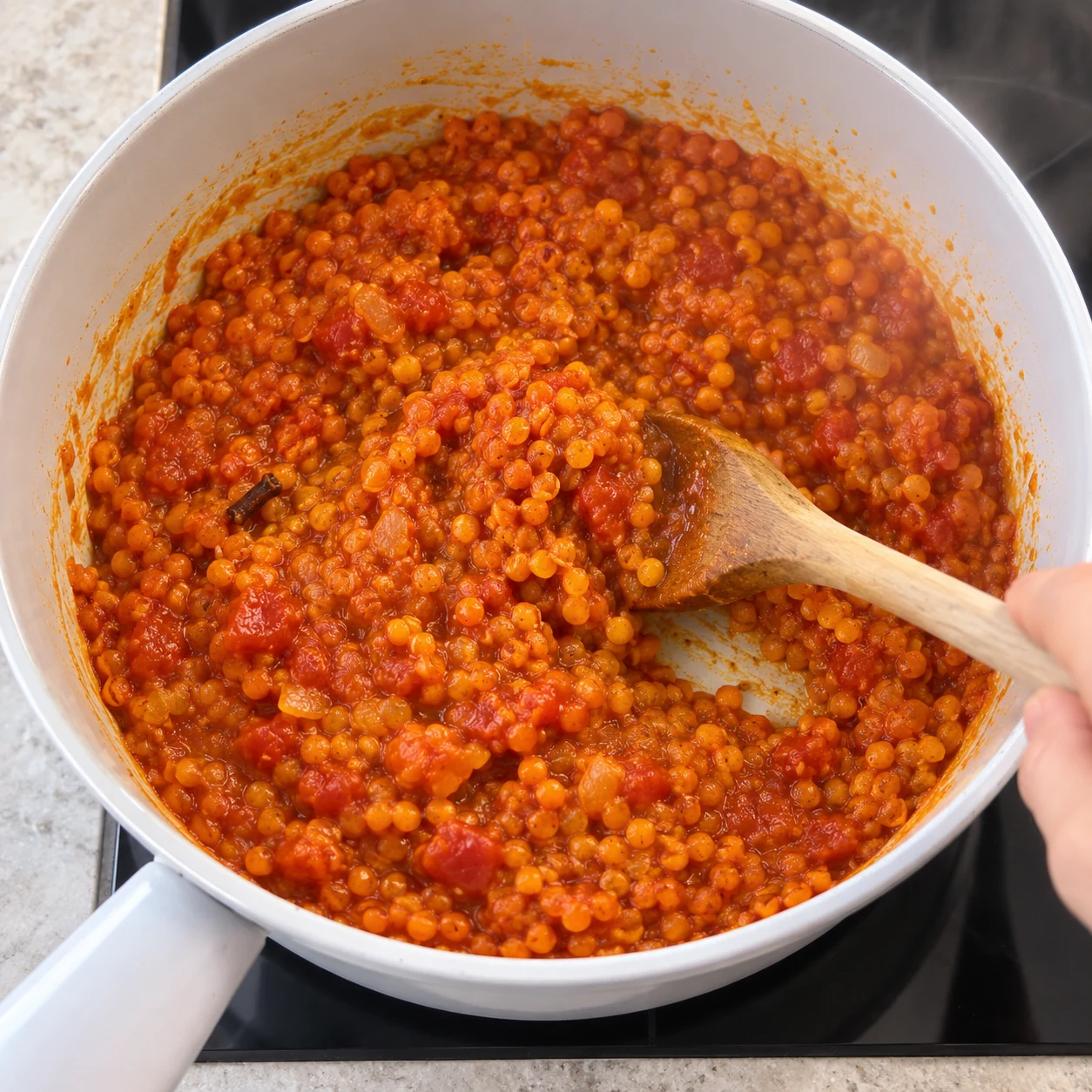 Mélange lentilles tomate épices en début de mijotage, cuillère en bois.