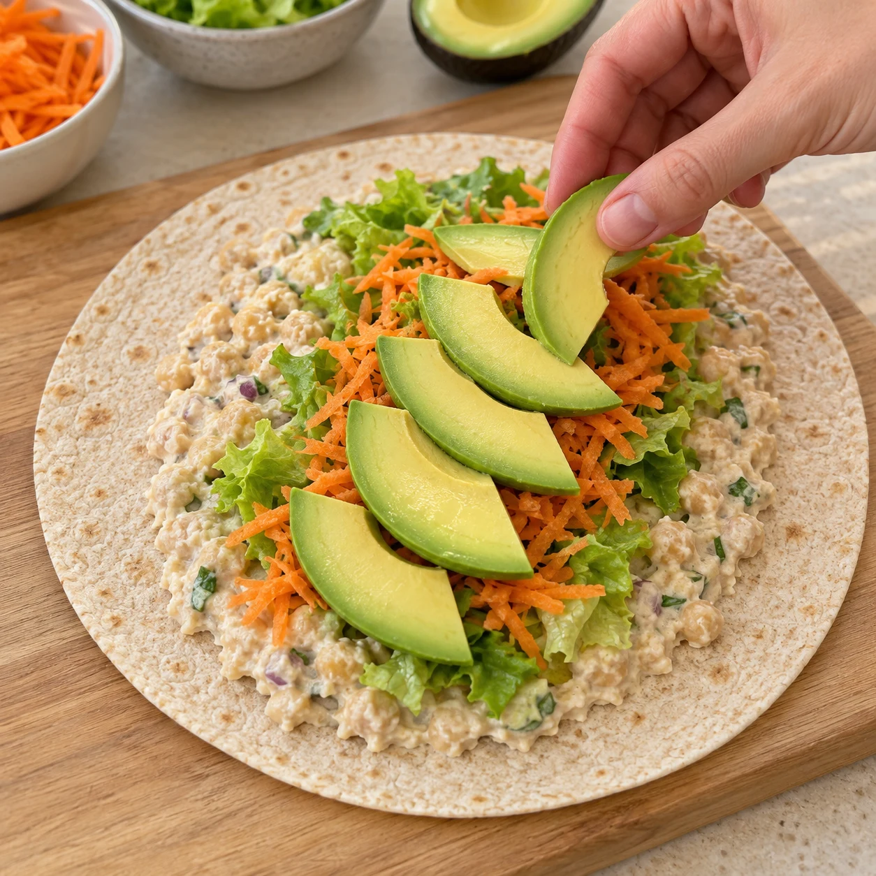 Wrap encore ouvert : garniture pois chiches crémeuse, salade verte, carotte râpée et tranches d’avocat alignées au centre.