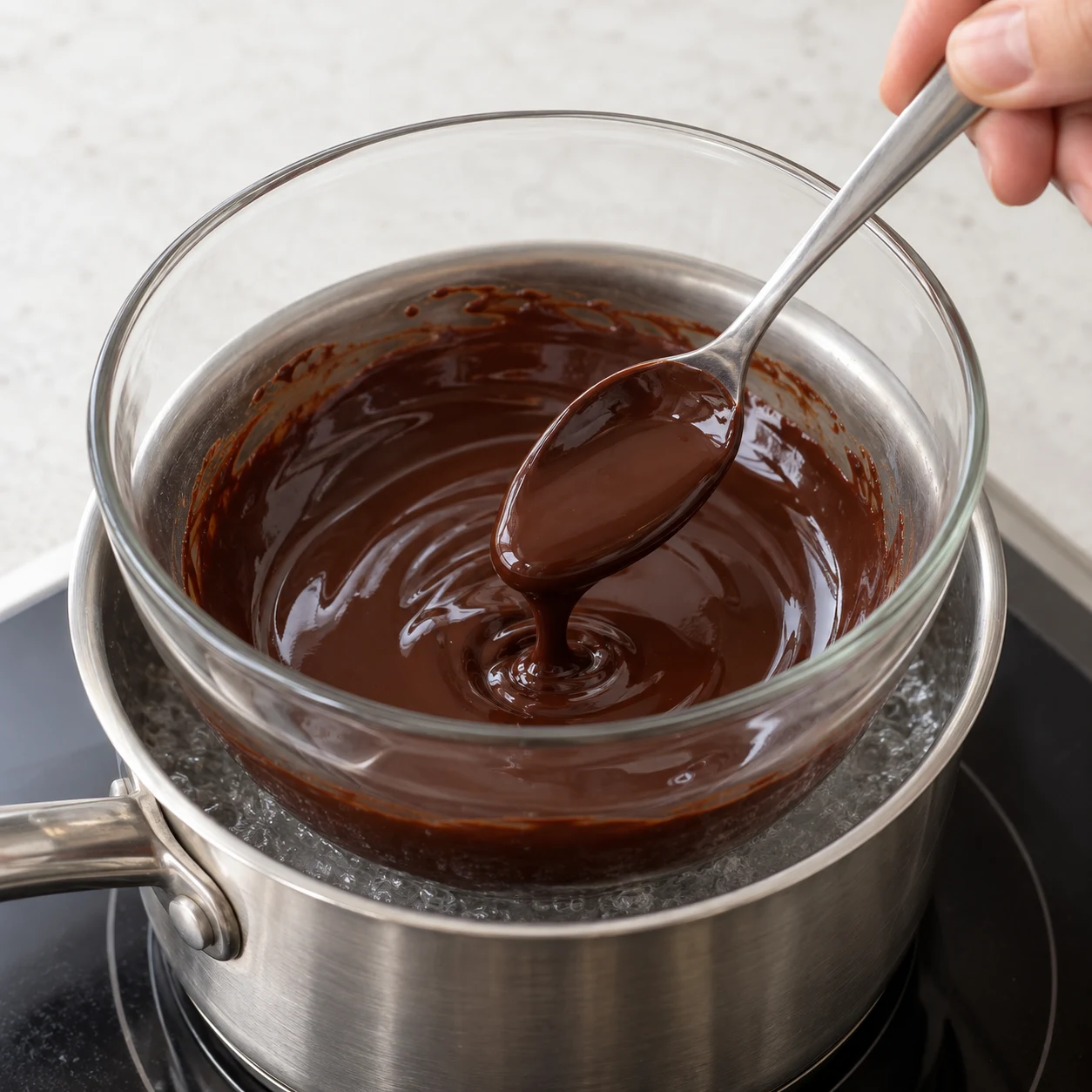 Photographie de cette seule phase : Faire fondre ensemble les 3 carrés de chocolat noir et la cuillère à café d’huile de coco. État final : Le chocolat et l’huile forment un mélange liquide homogène, sans morceau solide. Recette bis : base à l’avoine crémeuse, sans graines de chia ni poudre protéinée. Référence originale pour le montage, adaptation documentée pour les ingrédients.