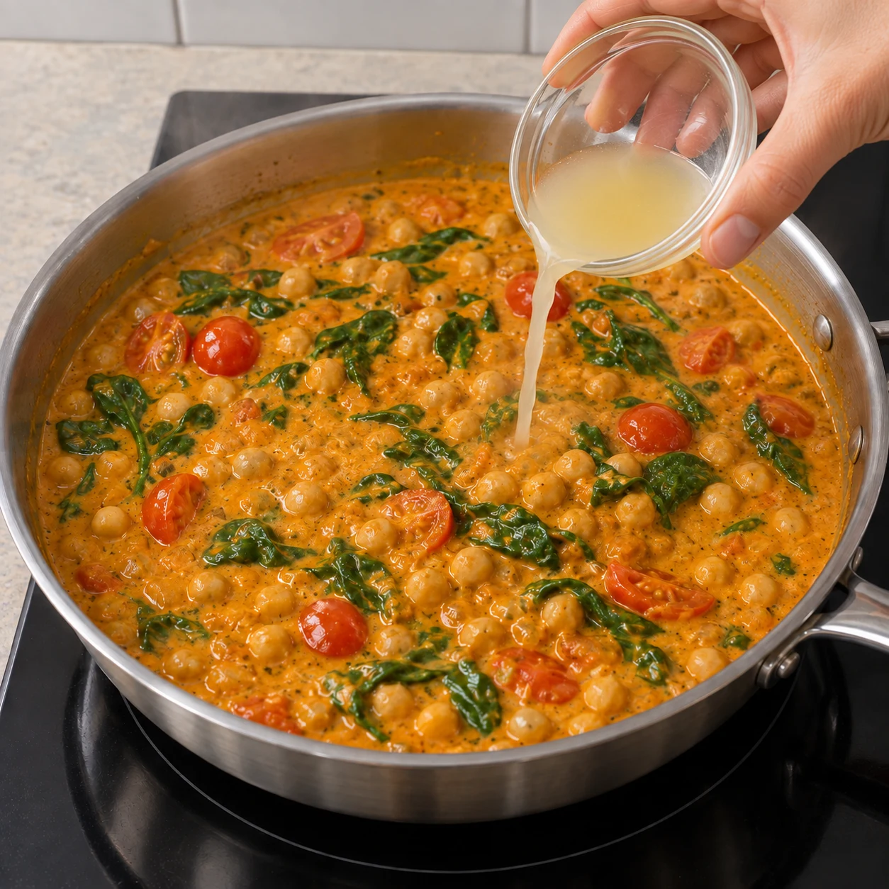Une seule action : Ajouter le jus de citron. Le jus de citron est incorporé au curry. Poêle neutre en inox quand la cuisson est montrée. Aucun ingrédient futur.