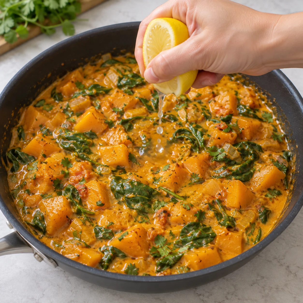 Main anonyme pressant un demi-citron au-dessus du curry cuit ; aucune rondelle décorative, aucun riz.