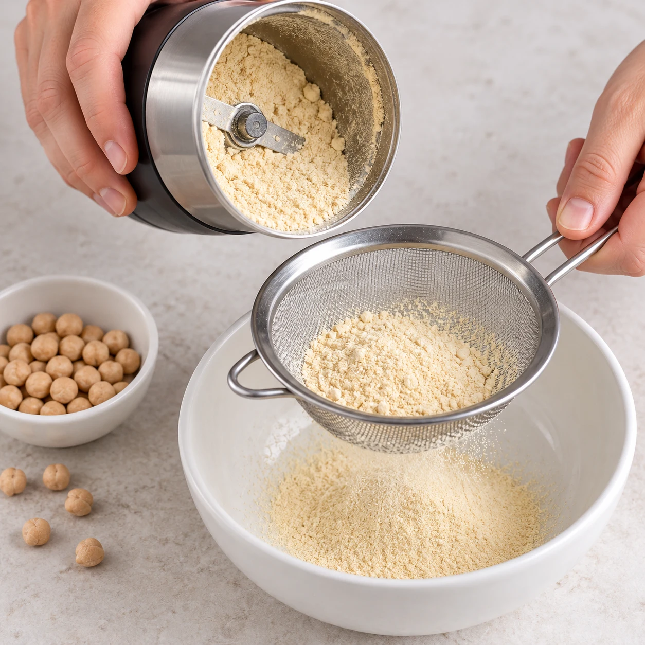 Pois chiches secs beige clair transformés en poudre fine dans un moulin à épices, petite passoire tamisant la poudre sur un bol.