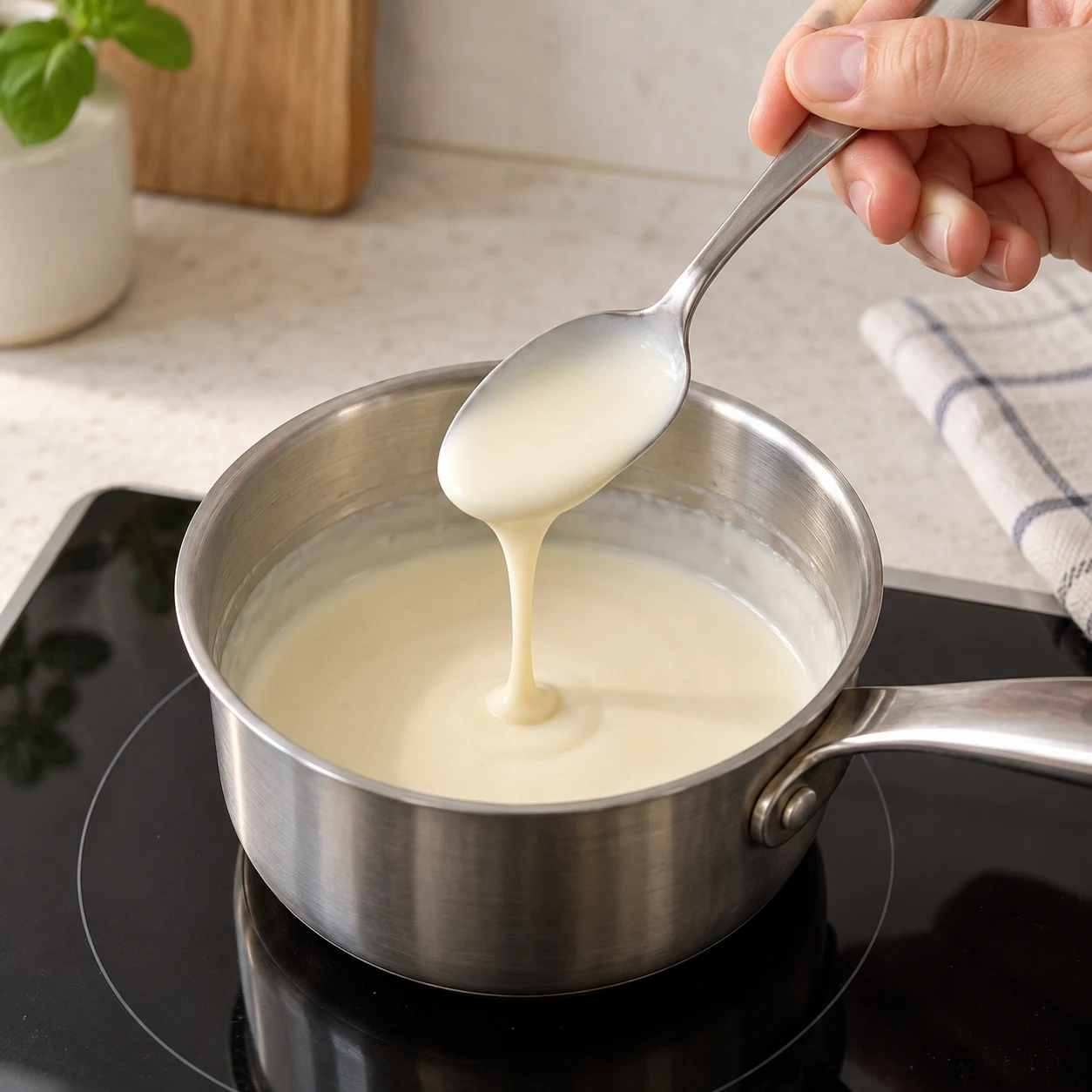 Crème de soja ivoire fluide remuée à la cuillère dans un petit récipient neutre, pas de fromage.