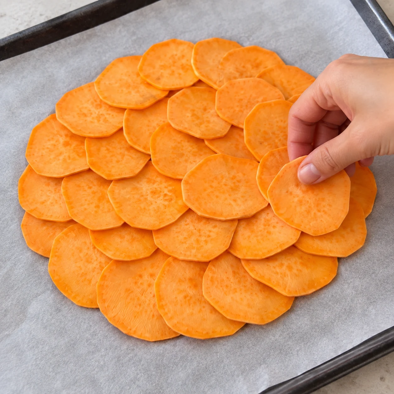Superpose légèrement les rondelles sur une plaque recouverte de papier cuisson pour former une seule surface continue, comme dans la recette d’origine. Montrer seulement les ingrédients de cette étape ; adaptation végétale, aucun saumon ni produit laitier.