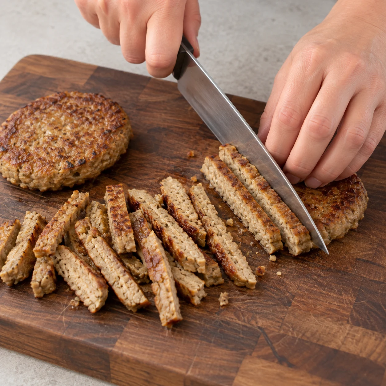 Découpe de steaks végétaux cuits en lamelles sur une planche stable.