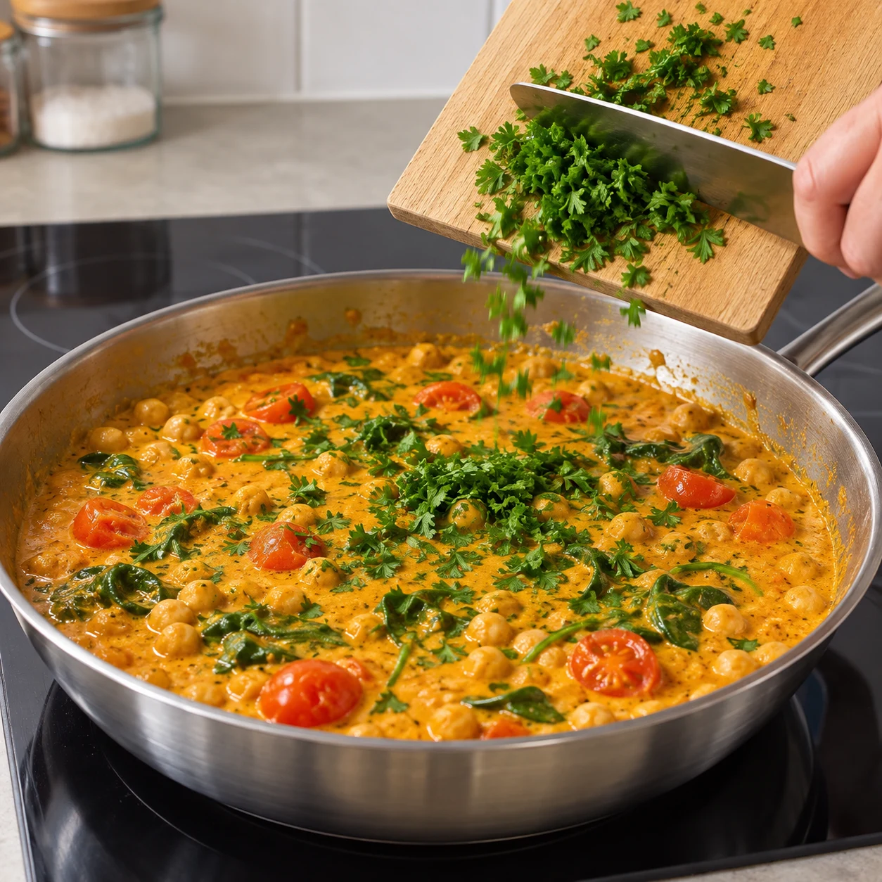 Une seule action : Ajouter le persil. Le persil ciselé est réparti dans le curry. Poêle neutre en inox quand la cuisson est montrée. Aucun ingrédient futur.
