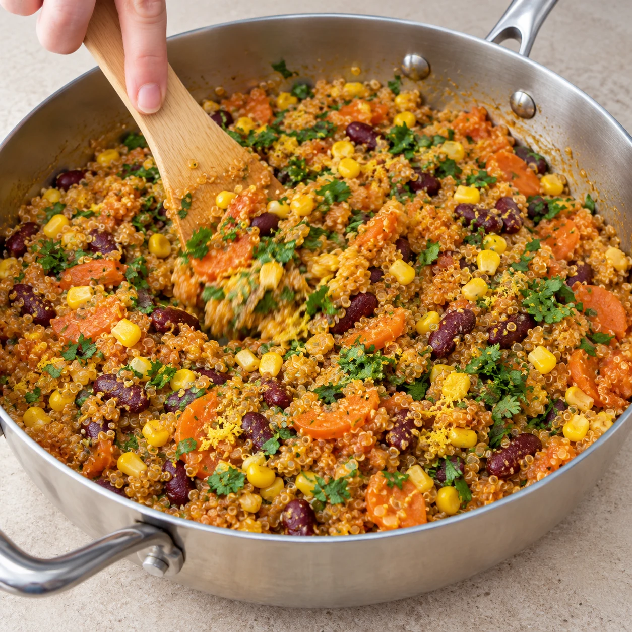 Spatule mélangeant quinoa orange moelleux, haricots rouges entiers, carottes, maïs et coriandre.