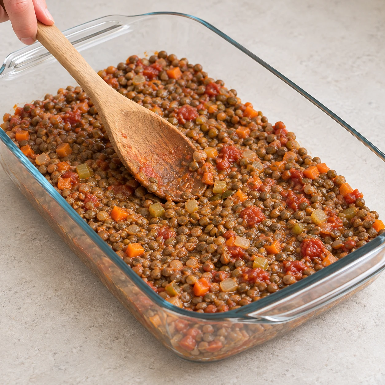 Cuillère en bois étalant base tomate lentilles légumes dans plat à gratin rectangulaire en verre, sans purée.