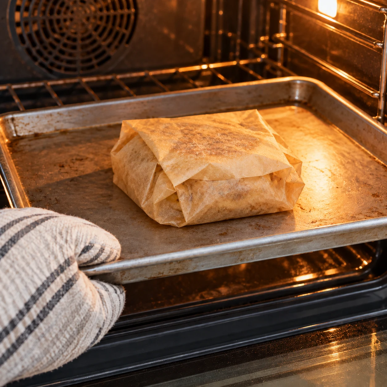 Muffin sandwich emballé uniquement dans du papier cuisson sur une plaque métallique dans un four chaud ; pas de sac plastique, pas de main nue sur une plaque chaude.