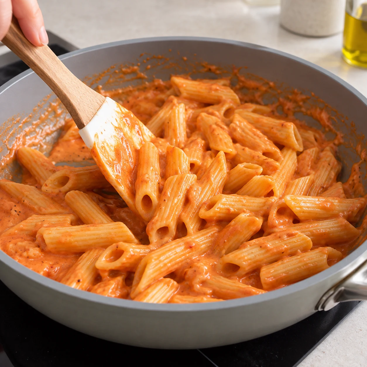 Ajoute les pâtes égouttées à la sauce et mélange avec une spatule pour les enrober. Représenter uniquement les ingrédients de cette étape, leur état et le geste indiqué, sans texte ni personne identifiable.