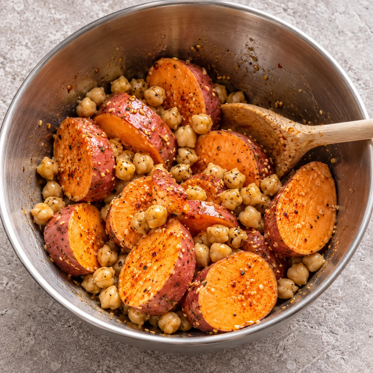 Saladier de rondelles crues et pois chiches assaisonnés, cuillère mélangeant.