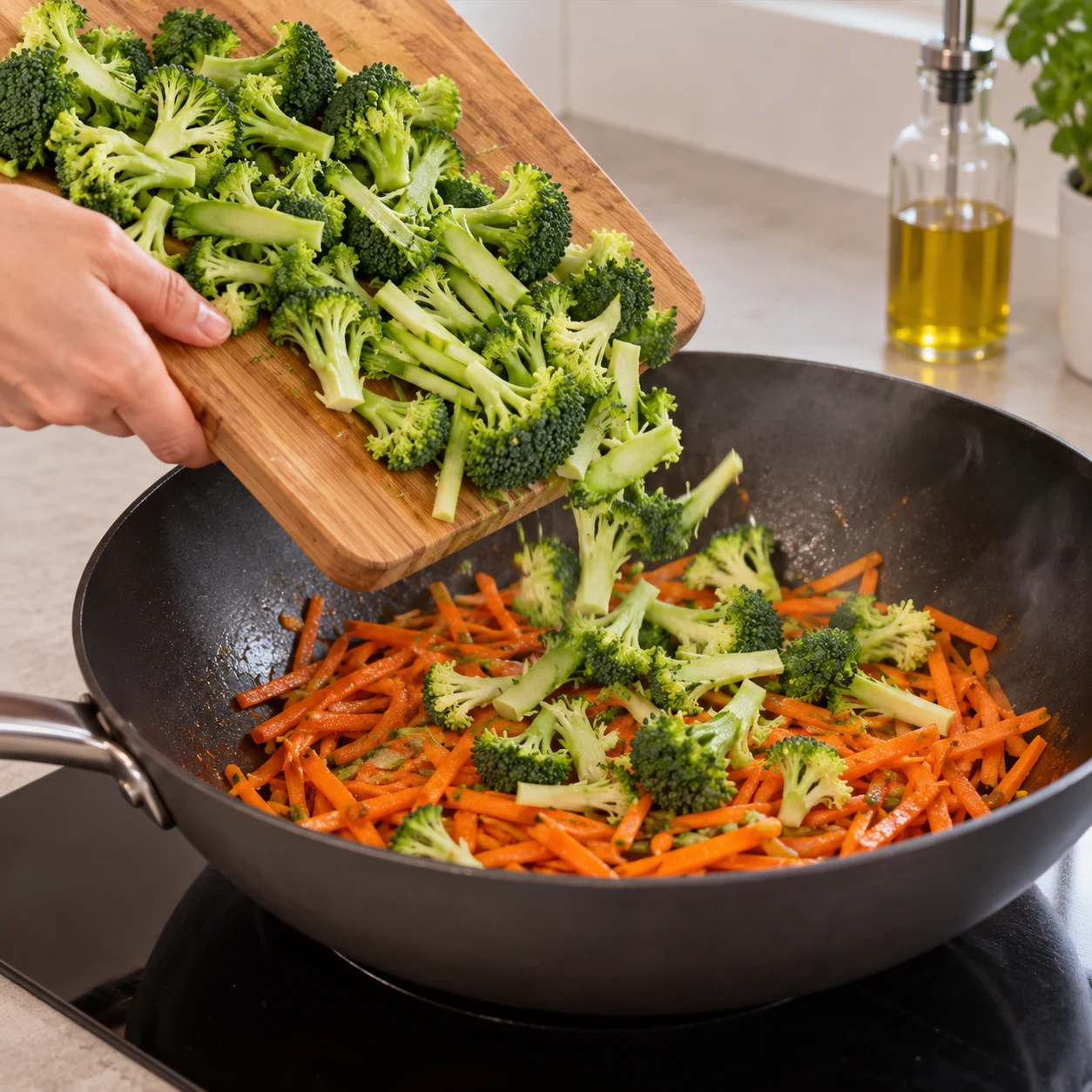 Ajouter de petits bouquets verts de brocoli et fines lamelles de tige au wok de carottes ; aucun chou.
