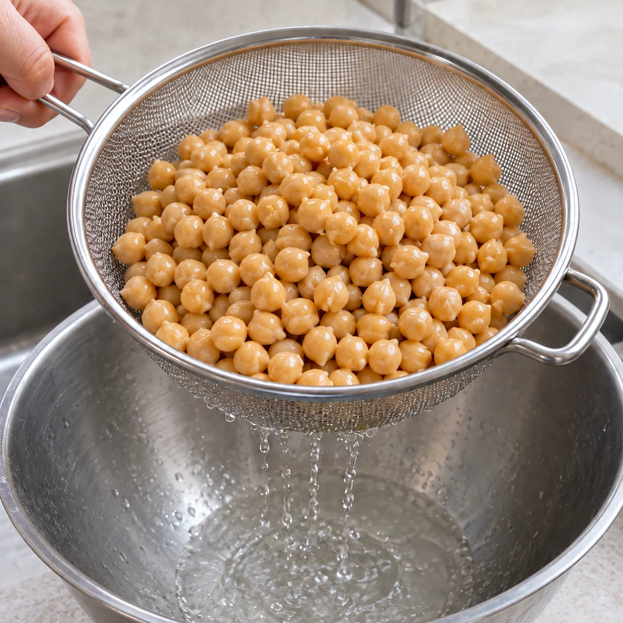 Une seule action : Égoutter les pois chiches. Les pois chiches sont égouttés ; la balance indique 500 g. Version végétale aux pois chiches, aucune viande, aucun seitan, aucun tofu.