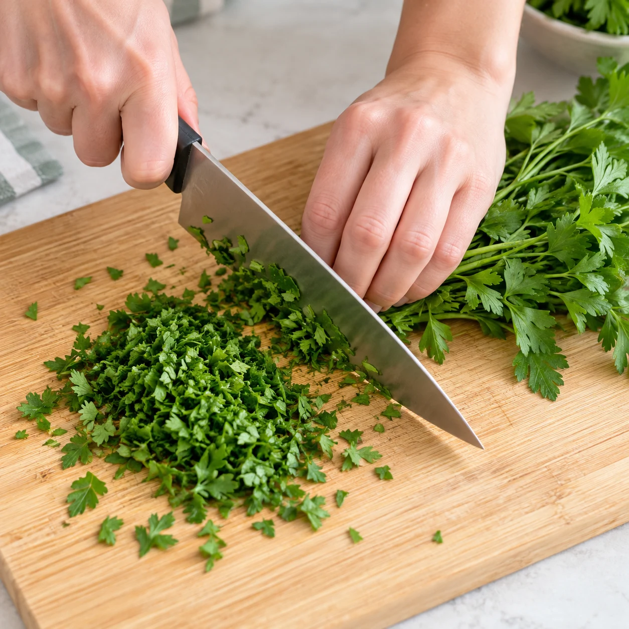 Lavez et séchez le demi-bouquet de persil, puis ciselez-le sur une planche stable. Gardez les doigts repliés à distance du couteau.