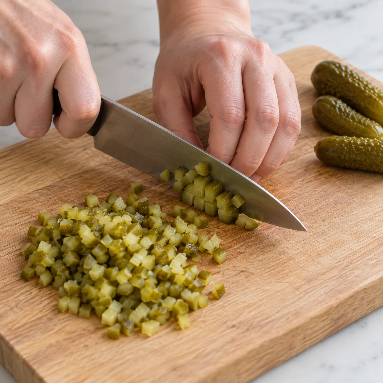 Une image carrée de l’action « Hacher les cornichons de la sauce », avec seulement les ingrédients autorisés à cette étape, dans leur état réel. Les cornichons sont répartis en petits morceaux fins. Mains anonymes si le geste le nécessite, aucun visage ni texte.