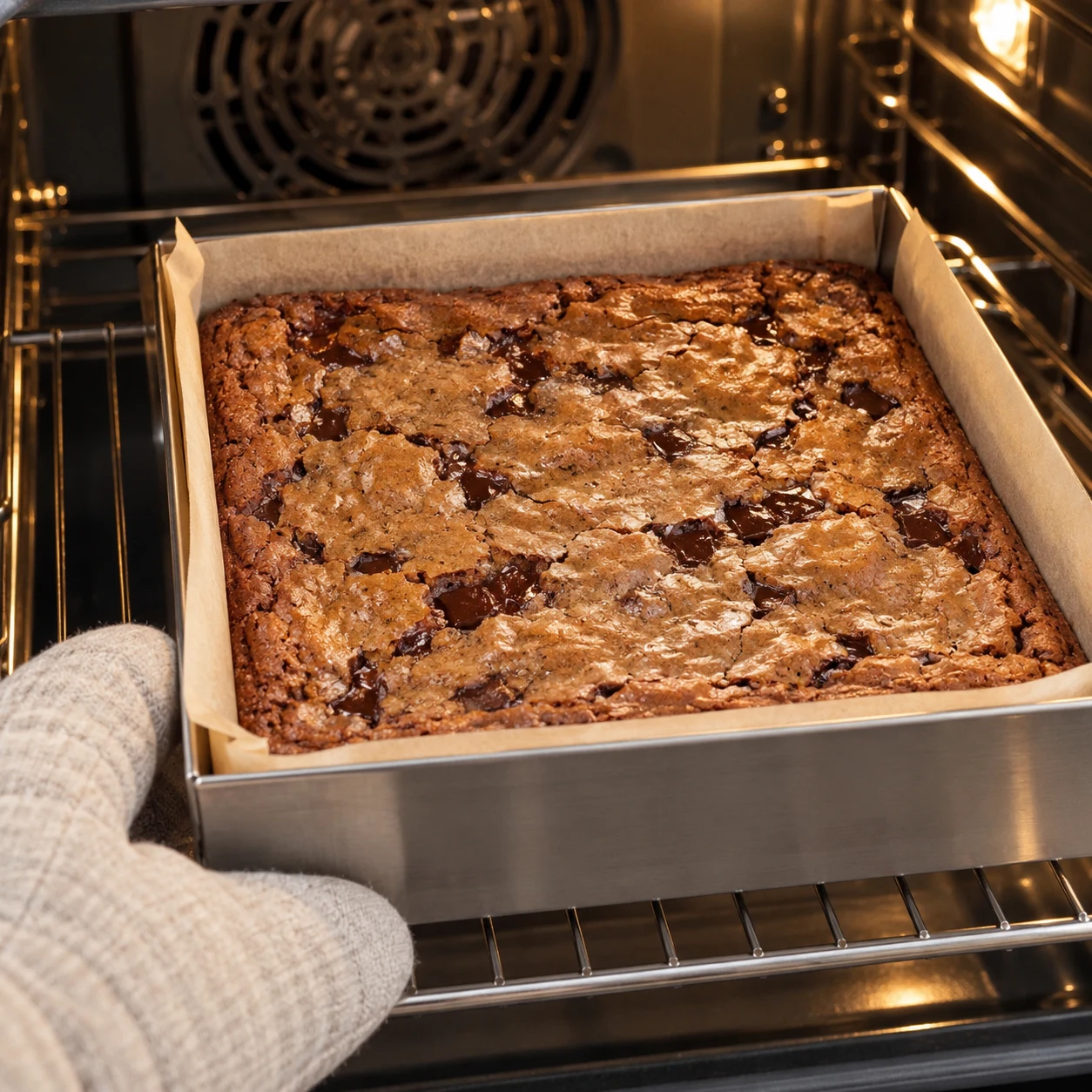 Enfourne dans le four préchauffé à 170 °C en chaleur tournante pour 25 à 30 minutes. Le centre doit rester légèrement fondant à la sortie. La texture de cette adaptation sans œufs peut être plus dense que celle de la recette d’origine. Montrer uniquement le résultat et le geste de cette étape, sans texte ni personne identifiable.