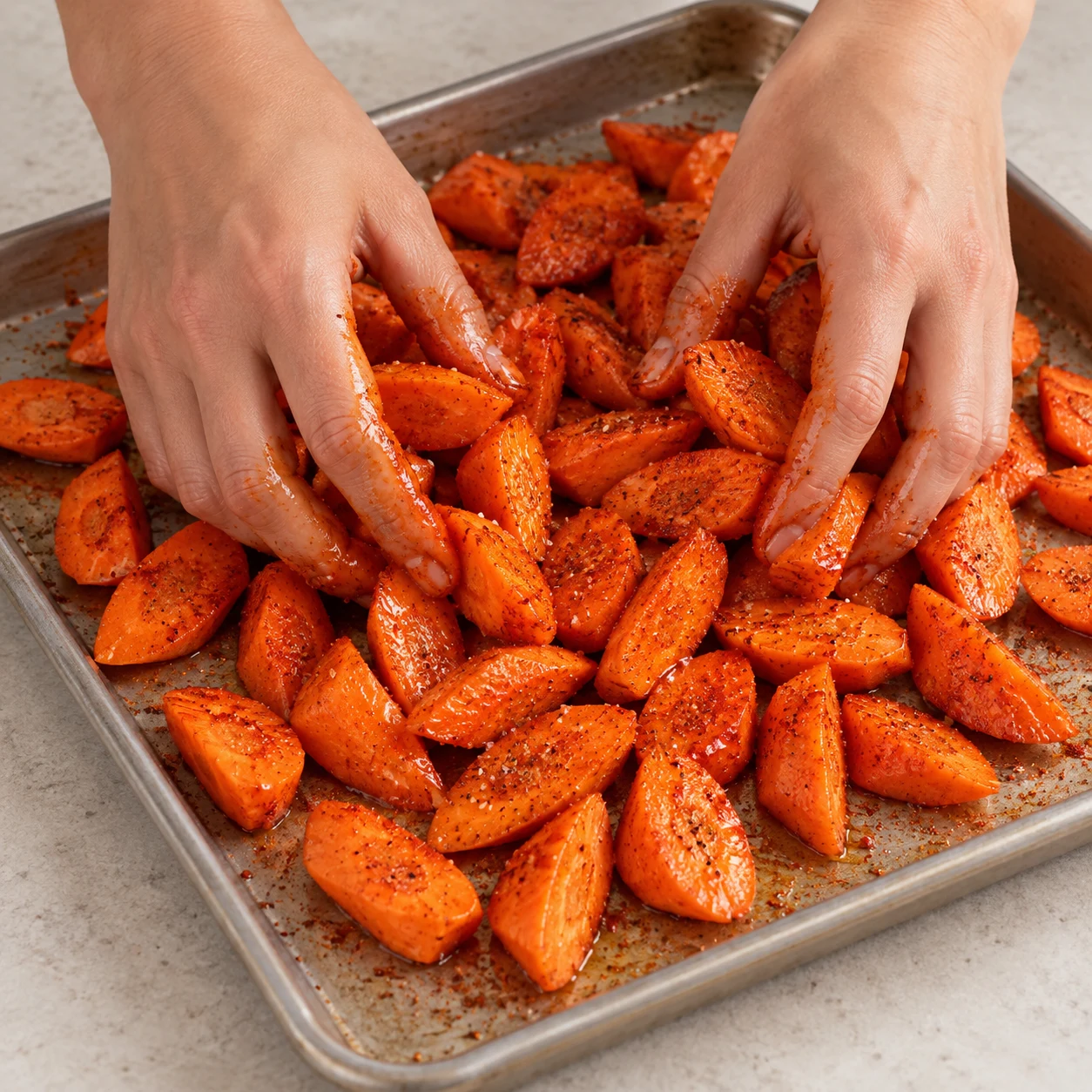 Assaisonner les carottes : Tous les biseaux sont légèrement brillants et colorés par le paprika.