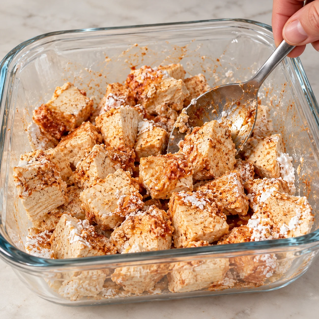 Morceaux irréguliers de tofu dans un récipient en verre, paprika rouge, fécule blanche, petite quantité de marinade ; une cuillère mélange.