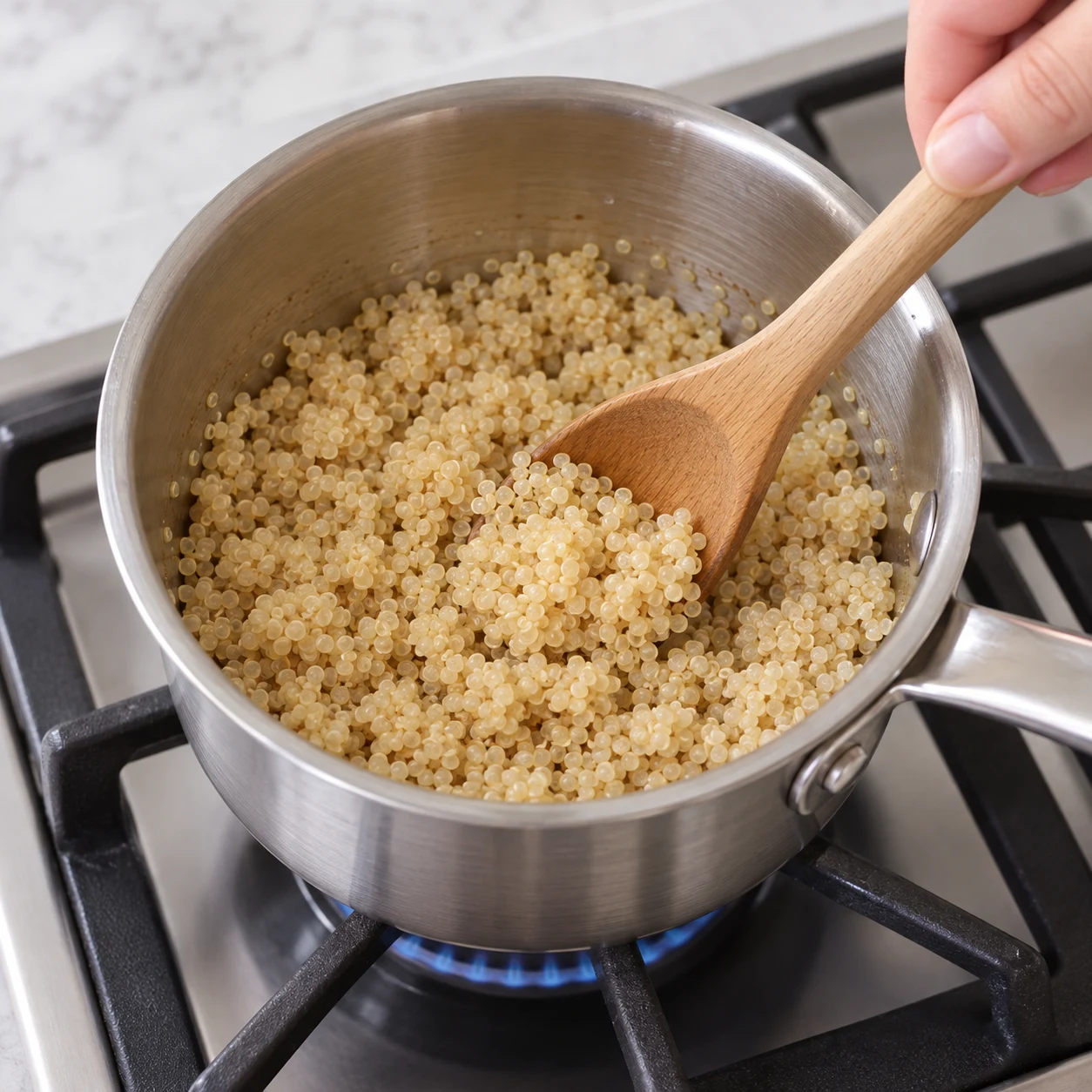 Versez les 15 g de quinoa dans une casserole avec trois fois son volume d’eau. Portez à ébullition puis faites cuire à feu doux 12 à 15 minutes, jusqu’à absorption complète de l’eau. Montrer cette seule action et le résultat décrit, sans texte.