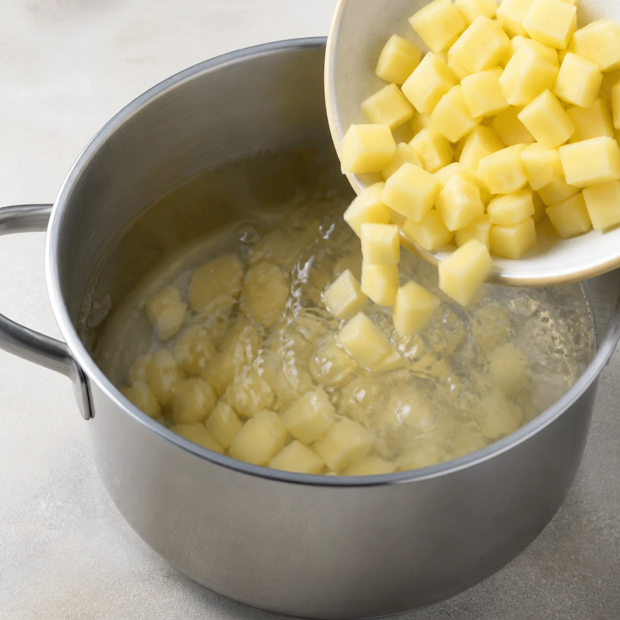 Dés de pommes de terre ajoutés à des poireaux dans une casserole, eau claire juste à hauteur.