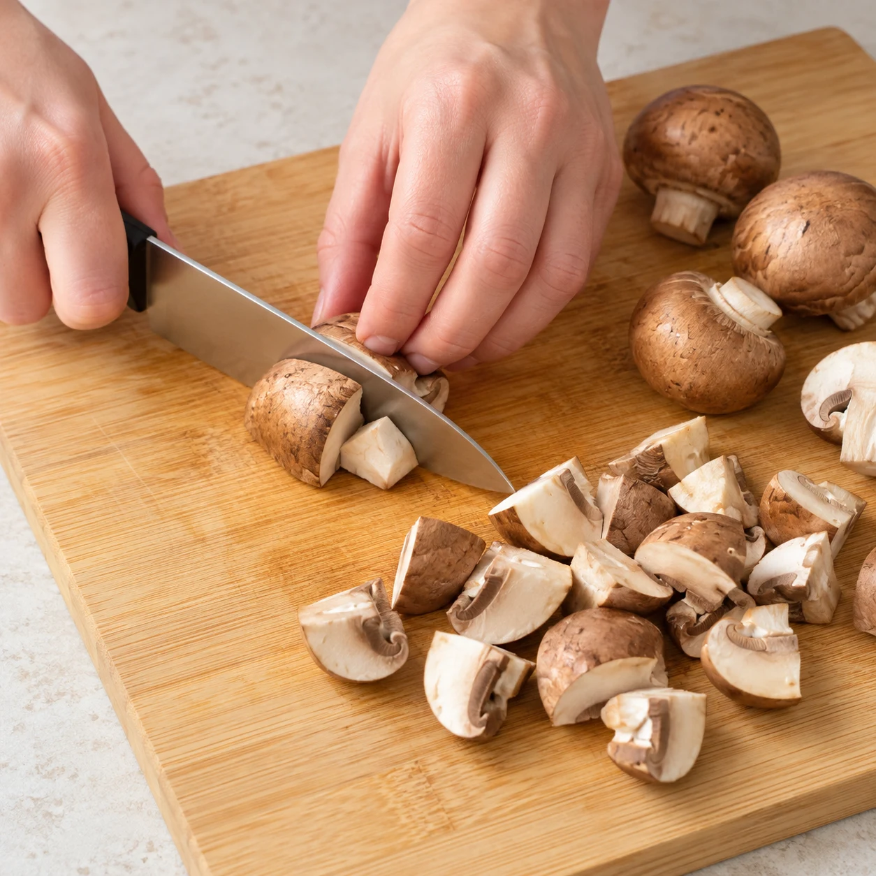Couper les champignons : Les champignons sont coupés en morceaux comme ceux visibles dans la poêle.