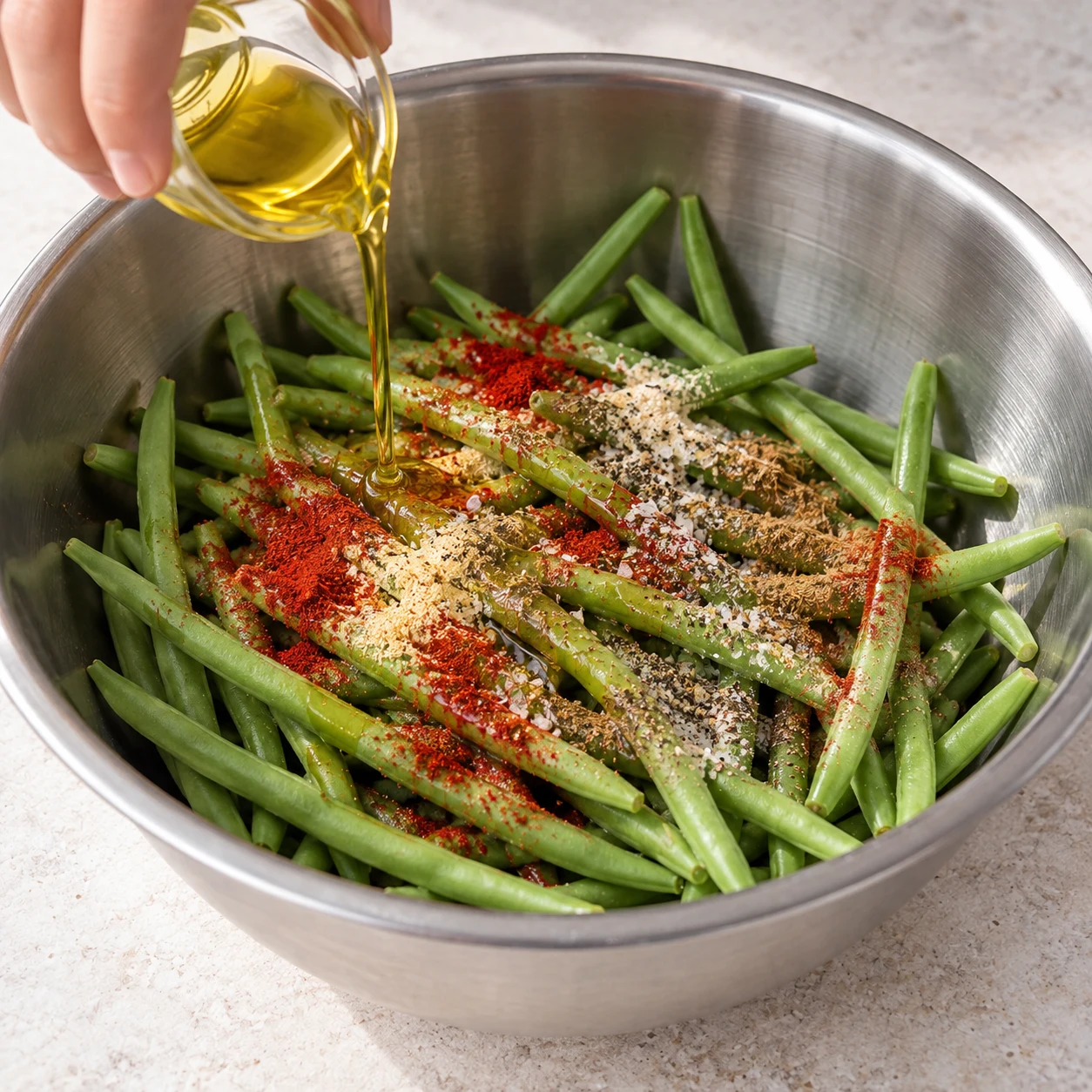 Saladier inox de haricots verts crus, poudres rouge paprika et beige ail/cumin, poivre fin et sel ; une seule action d’ajout d’assaisonnement, pas de panure.