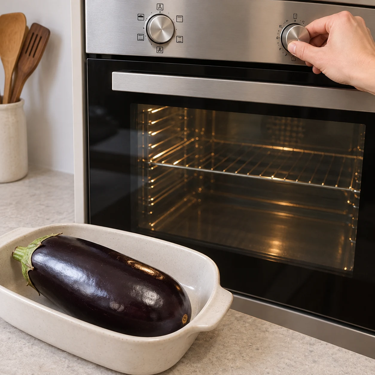 Un plat contenant l’aubergine entière au premier plan près d’un four fermé ; aucun chiffre affiché.