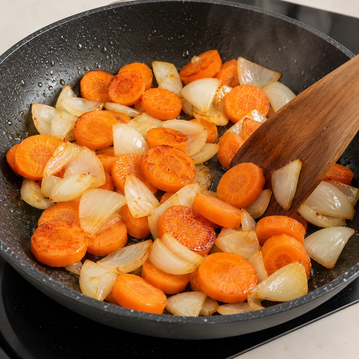 Rondelles de carotte orange et pétales d’oignon blanc qui saisissent dans une sauteuse noire, remués à la spatule en bois.