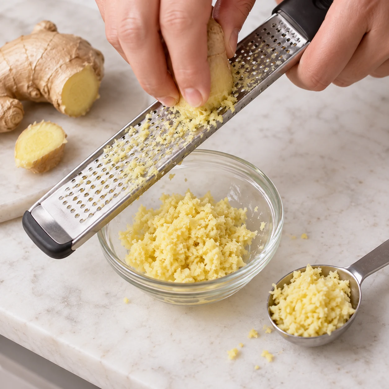 Râpe le gingembre jusqu’à obtenir la cuillère à soupe de gingembre râpé annoncée dans la recette d’origine. Résultat : Le gingembre est râpé finement et la cuillère à soupe est prête.