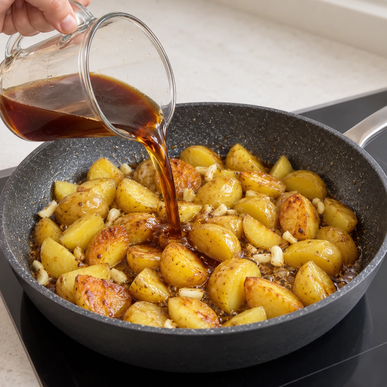 Versement du liquide brun depuis un pichet en verre sur les pommes de terre dorées et l’ail.