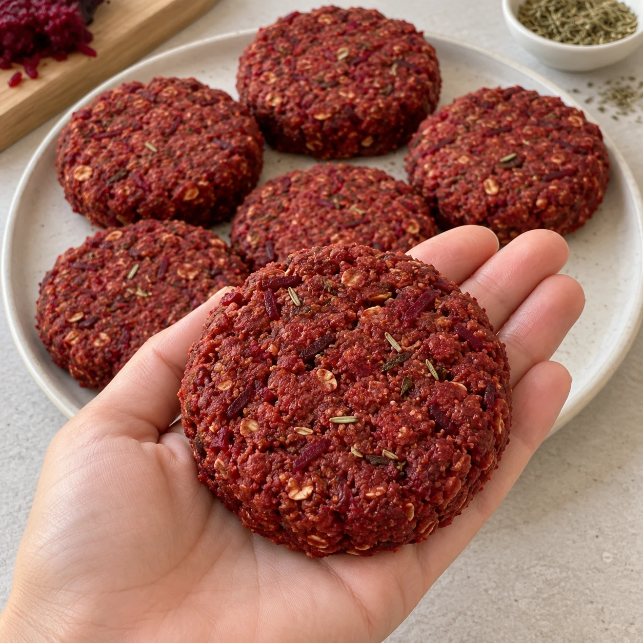 Galette rouge brun compacte posée dans la paume d’une main, des brins d’herbes visibles.
