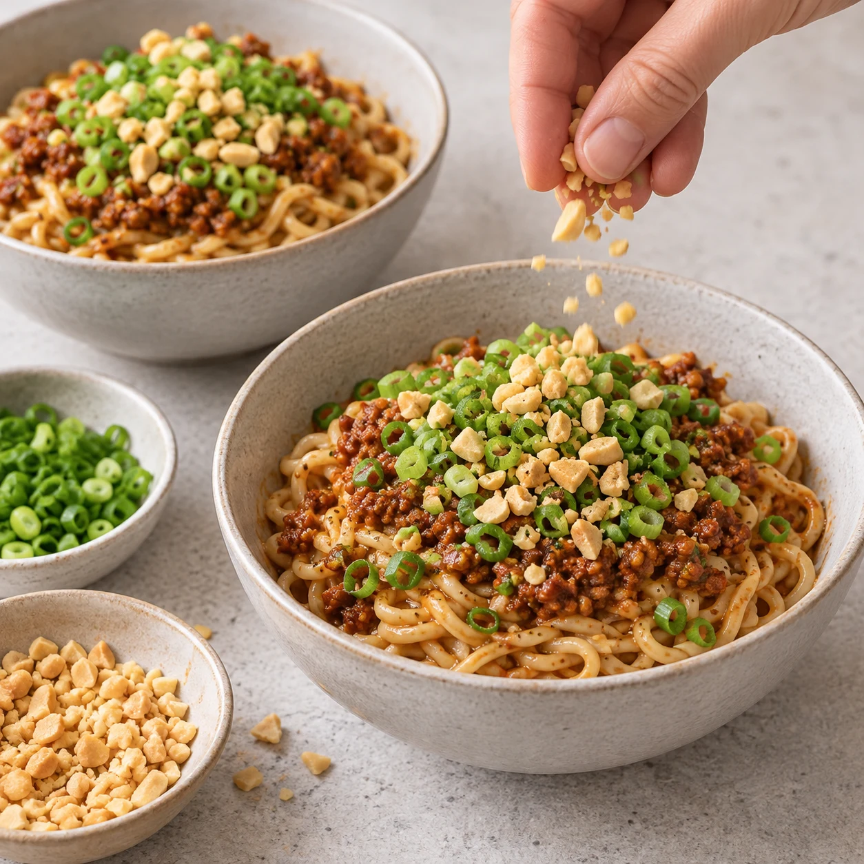 Parsème les deux bols du vert de ciboule et des cacahuètes hachées. Sers-les chauds, puis mélange les nouilles à leur sauce avant de manger. Montrer uniquement les ingrédients de cette étape. Pour le haché : petites miettes de soja cuisiné rouge-brun à la tomate et aux oignons, légèrement humides, jamais viande ni tofu. Huile pimentée liquide sans gros morceaux de piment ; poivre noir moulu, aucune baie de Sichuan. Lumière naturelle claire, pierre pâle, vaisselle neutre, mains adultes anonymes seulement si nécessaires ; aucun texte, visage, vêtement, bijou ni identité de la personne.