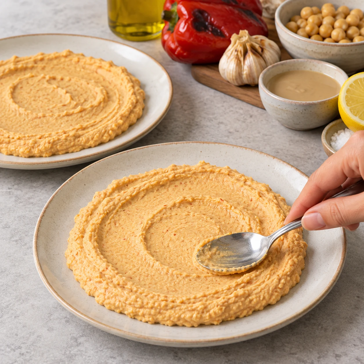 Étaler le houmous : Un lit de houmous couvre le centre de chaque assiette.