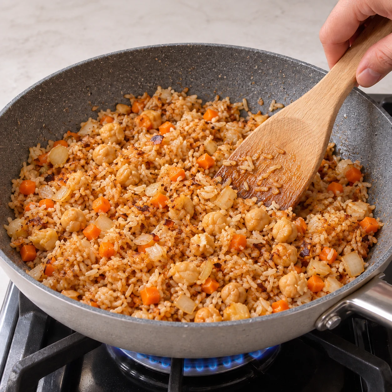Ajoutez un peu d’huile de tournesol, passez sur feu vif et laissez le riz griller légèrement. La recette d’origine annonce « même pas 3 minutes » : surveillez la coloration et retirez avant qu’il brûle. État attendu : Le riz présente quelques grains dorés sans zones noires. Une seule scène de cuisine, sans personne identifiable.
